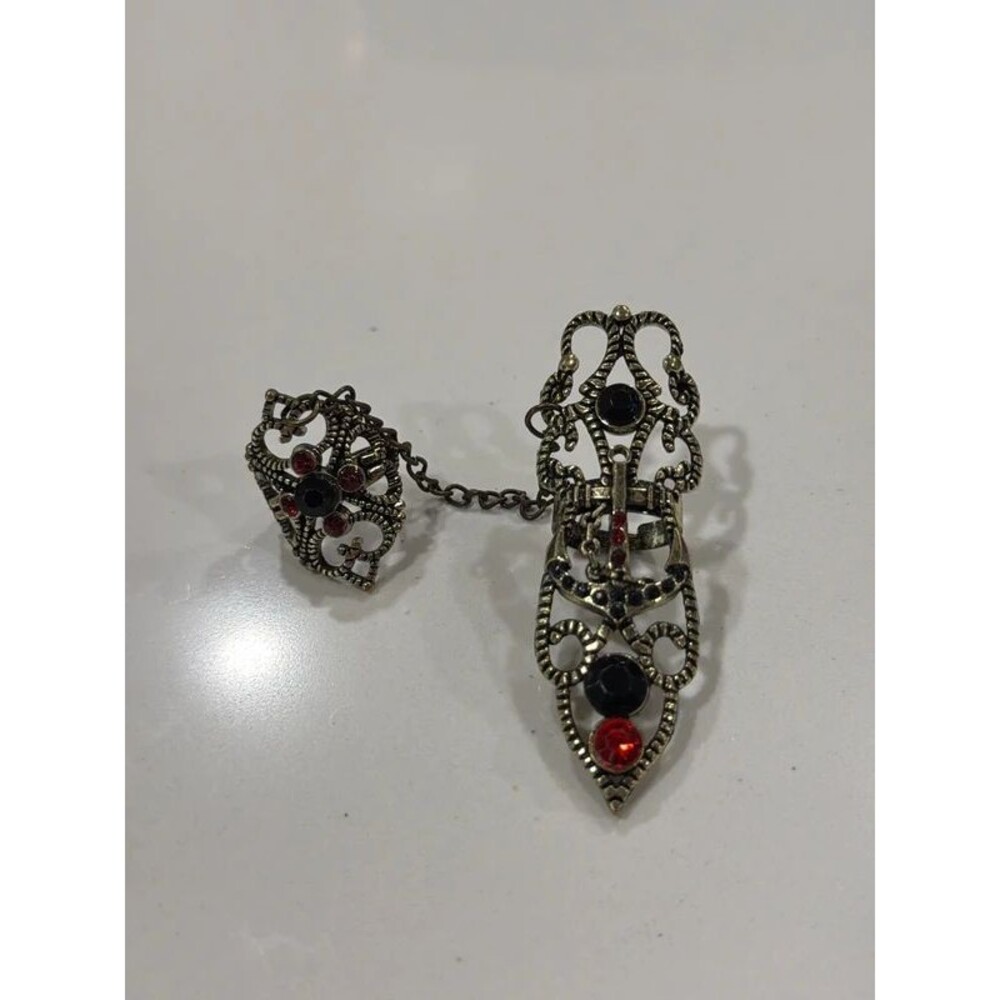 Red Black Rhinestone Pirate Anchor Double Rings Full Finger Goth Halloween